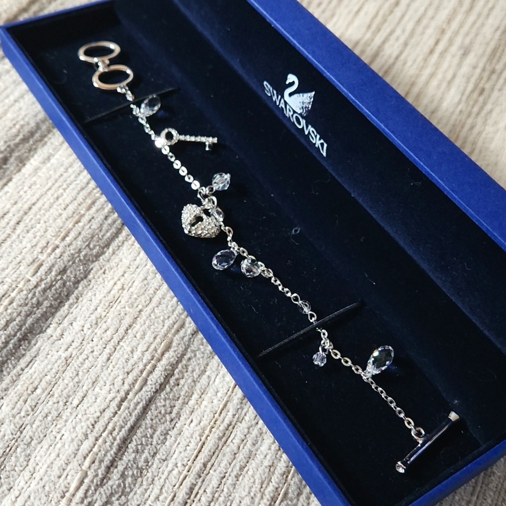 Swarovski LOCK & KEY Rhodium Crystal Charm Bracelet (adjustable)